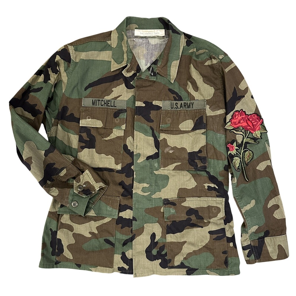 The Vintage Twin Camo Field Jacket Unisex M Green Rose Floral Embroidered Army